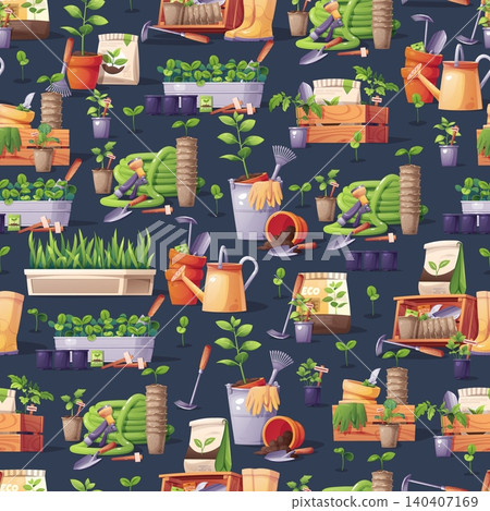 Gardening seamless pattern with various supplies and plants. Watering cans, hoses, boots, gloves, trowels, rakes, crates, troughs and pots. Perfect for textile, fabric, wrapping paper or background. 140407169