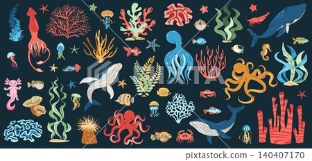 Marine Life Collection Set with Whales, Octopus, Fish, Coral and Seaweed. Ocean Animals and Underwater Plants Vector Bundle. World Oceans Day Design Elements. Flat Style Illustration. Marine Life Collection Set with Whales, Octopus, Fish, Coral and Seaweed. Ocean Animals and Underwater Plants Vector Bundle. World Oceans Day Design Elements. Flat Style Illustration. 140407170