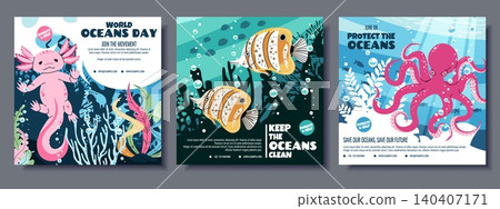 World Oceans Day poster set with axolotl, tropical fish and octopus. Marine life conservation flyers with underwater scene, coral and seaweed. For ocean protection campaign design and decor World Oceans Day poster set with axolotl, tropical fish and octopus. Marine life conservation flyers with underwater scene, coral and seaweed. For ocean protection campaign design and decor 140407171