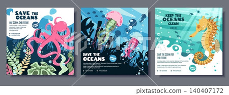 Set of Save the Oceans posters with pink octopus, colorful jellyfish and seahorse. Marine conservation templates with contact info and slogans. Flat vector illustration for social media and banners. 140407172