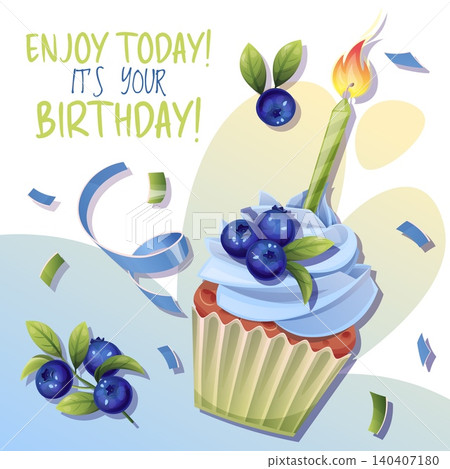 Birthday Greeting Card Design Template. Colorful Cupcake with Blue Cream Frosting and Fresh Blueberries, Burning Candle and Decorative Ribbon. Celebration Card Layout for Social Media, Print Birthday Greeting Card Design Template. Colorful Cupcake with Blue Cream Frosting and Fresh Blueberries, Burning Candle and Decorative Ribbon. Celebration Card Layout for Social Media, Print 140407180