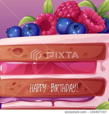 Happy Birthday Square Greeting Card. Layered Sponge Cake with Blueberries and Raspberries on Top. Perfect for Banner, Social Media Post, Flyer or Invitation. Happy Birthday Square Greeting Card. Layered Sponge Cake with Blueberries and Raspberries on Top. Perfect for Banner, Social Media Post, Flyer or Invitation. 140407197