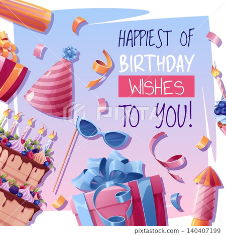 Happy Birthday Square Greeting Card. Layered Cake with Candles and Berries, Pink Party Hat, Blue Sunglasses, Gift Box with Bow and Confetti on Purple Background. Perfect for Banner, Social Media Post, 140407199