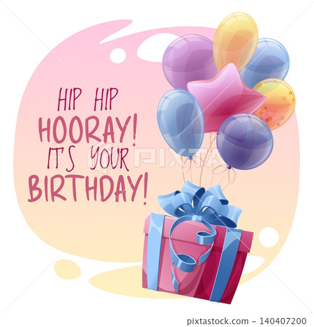 Happy Birthday Square Greeting Card. Colorful Balloons with Star Shape and Gift Box with Blue Bow. Perfect for Banner, Social Media Post, Flyer or Invitation. Happy Birthday Square Greeting Card. Colorful Balloons with Star Shape and Gift Box with Blue Bow. Perfect for Banner, Social Media Post, Flyer or Invitation. 140407200