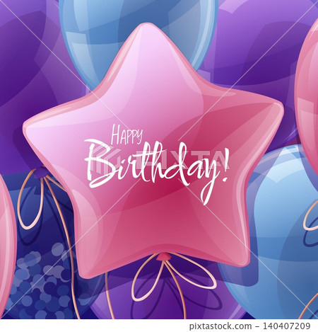 Happy Birthday Square Greeting Card. Pink Star Shaped Balloon with Happy Birthday Text and Blue Round Balloons. Perfect for Banner, Social Media Post, Flyer or Invitation 140407209