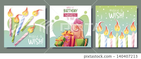 Set of Birthday greeting cards with lit candles, gift boxes and shopping bag. Festive templates with make a wish typography. Perfect for social media posts and invitations. Set of Birthday greeting cards with lit candles, gift boxes and shopping bag. Festive templates with make a wish typography. Perfect for social media posts and invitations. 140407213