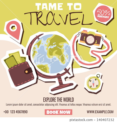Travel Agency Banner With Earth Globe, Camera, Wallet And Compass In Trendy Collage Style. Flat Vector Illustration For Social Media Post About Vacation And Travel Travel Agency Banner With Earth Globe, Camera, Wallet And Compass In Trendy Collage Style. Flat Vector Illustration For Social Media Post About Vacation And Travel 140407232