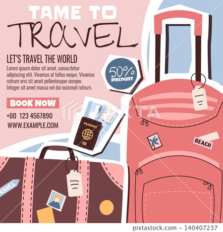 Travel Agency Banner With Pink Rolling Suitcase And Brown Vintage Luggage In Trendy Collage Style. Passport, Tickets And Discount Badge Layout. Flat Vector Illustration For Social Media Post About Travel Agency Banner With Pink Rolling Suitcase And Brown Vintage Luggage In Trendy Collage Style. Passport, Tickets And Discount Badge Layout. Flat Vector Illustration For Social Media Post About 140407237