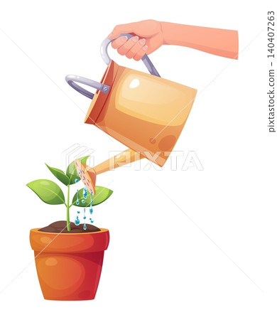 Hand Watering Young Plant in Pot with Orange Watering Can on White Background. Flat Vector Illustration of Seedling Care. Perfect for Plant Care Guide, Gardening Tutorial or Educational Material. Hand Watering Young Plant in Pot with Orange Watering Can on White Background. Flat Vector Illustration of Seedling Care. Perfect for Plant Care Guide, Gardening Tutorial or Educational Material. 140407263