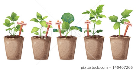 Set of Vegetable and Berry Seedlings in Peat Pots. Strawberry, Pepper, Cabbage, Tomato and Cucumber Plants with Wooden Markers. Perfect for Gardening Guide, Plant Care Tutorial or Educational 140407266