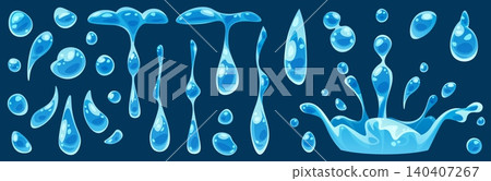 Collection of dynamic water splash elements and flying droplets. Cartoon style liquid shapes with blue highlights. Ideal for game assets, web design, packaging decoration or nature themed projects. Collection of dynamic water splash elements and flying droplets. Cartoon style liquid shapes with blue highlights. Ideal for game assets, web design, packaging decoration or nature themed projects. 140407267