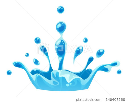 Blue Water Splash with Droplets on White Background. Crown Shaped Liquid Spray with Flying Drops. Flat Vector Illustration Perfect for Design and Decoration. Blue Water Splash with Droplets on White Background. Crown Shaped Liquid Spray with Flying Drops. Flat Vector Illustration Perfect for Design and Decoration. 140407268