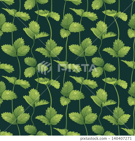 Botanical seamless pattern with green strawberry leaves and stems. Wild strawberry foliage, serrated leaves and organic vines. Perfect for textile, fabric, wrapping paper or background. Botanical seamless pattern with green strawberry leaves and stems. Wild strawberry foliage, serrated leaves and organic vines. Perfect for textile, fabric, wrapping paper or background. 140407271