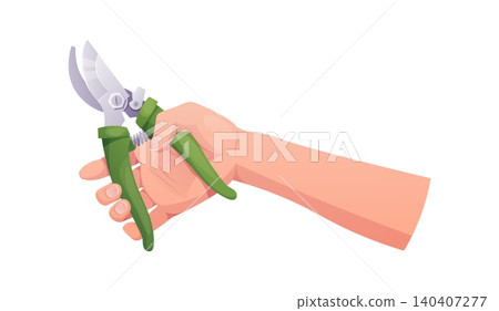 Hand Holding Green Pruning Shears for Gardening. Flat Vector Illustration of Secateurs Tool on White Background. Perfect for Agricultural Guide, Plant Care Tutorial or Landscaping Material. 140407277
