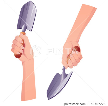 Set of hands with hand shovels. Gardening equipment for planting and soil work isolated on white. Ideal for agricultural tutorial or gardening guide. Set of hands with hand shovels. Gardening equipment for planting and soil work isolated on white. Ideal for agricultural tutorial or gardening guide. 140407278