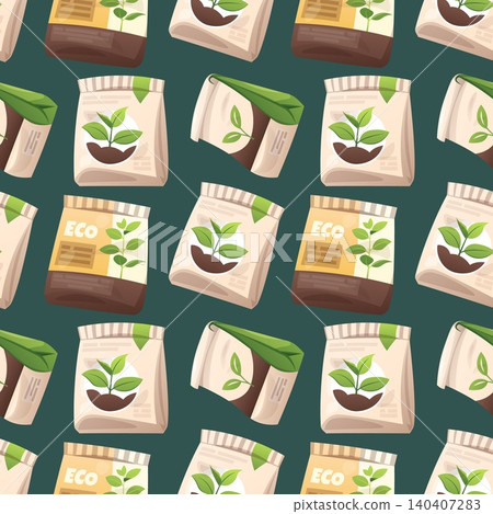 Gardening Seamless Pattern with Eco Fertilizer Bags and Green Seedlings. Flat Vector Design with Earthy Tones and Plant Sprouts. Perfect for Textile, Fabric, Wrapping Paper and Background. Gardening Seamless Pattern with Eco Fertilizer Bags and Green Seedlings. Flat Vector Design with Earthy Tones and Plant Sprouts. Perfect for Textile, Fabric, Wrapping Paper and Background. 140407283