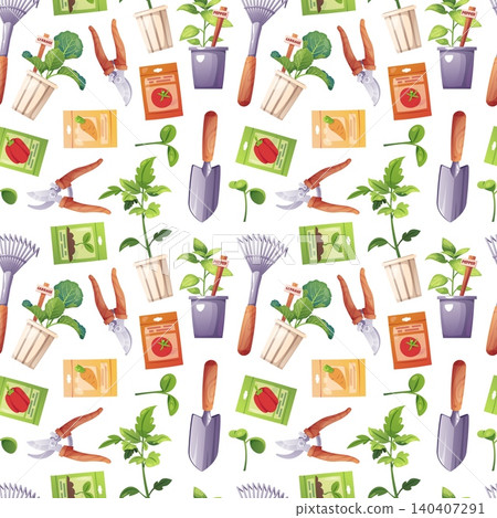 Gardening Seamless Pattern with Tools and Seedlings. Vegetable Sprouts in Pots with Wooden Markers, Seed Packets, Hand Shovels and Rakes. Perfect for Textile, Fabric, Wrapping Paper or Background. 140407291