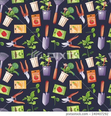 Gardening Seamless Pattern with Tools and Seedlings. Vegetable Sprouts in Pots with Wooden Markers, Seed Packets, Hand Shovels and Rakes. Perfect for Textile, Fabric, Wrapping Paper or Background. Gardening Seamless Pattern with Tools and Seedlings. Vegetable Sprouts in Pots with Wooden Markers, Seed Packets, Hand Shovels and Rakes. Perfect for Textile, Fabric, Wrapping Paper or Background. 140407292