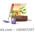 Gardening Set with Pepper Seedling, Rake and Eco Soil Bag. Flat Vector Illustration Perfect for Agricultural Catalog, Gardening Guide or Plant Care Tutorial. 140407297
