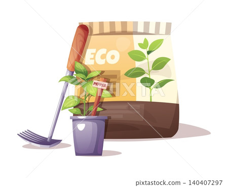 Gardening Set with Pepper Seedling, Rake and Eco Soil Bag. Flat Vector Illustration Perfect for Agricultural Catalog, Gardening Guide or Plant Care Tutorial. Gardening Set with Pepper Seedling, Rake and Eco Soil Bag. Flat Vector Illustration Perfect for Agricultural Catalog, Gardening Guide or Plant Care Tutorial. 140407297