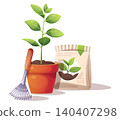Gardening Set with Seedling in Pot, Hand Rake and Soil Bag. Flat Vector Illustration Perfect for Agricultural Catalog, Gardening Guide or Plant Care Tutorial. 140407298