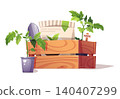Gardening Set with Wooden Crate, Tomato Seedlings, Trowel and Soil Bag. Flat Vector Illustration Perfect for Agricultural Catalog, Gardening Guide or Plant Care Tutorial 140407299