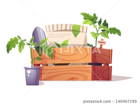 Gardening Set with Wooden Crate, Tomato Seedlings, Trowel and Soil Bag. Flat Vector Illustration Perfect for Agricultural Catalog, Gardening Guide or Plant Care Tutorial 140407299