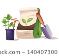 Gardening Set with Strawberry Seedling, Soil Bag and Trowel. Flat Vector Illustration Perfect for Agricultural Catalog, Gardening Guide or Plant Care Tutorial. 140407300