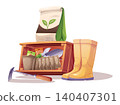 Gardening Set with Wooden Crate, Rubber Boots, Hoe and Soil Bag. Flat Vector Illustration Perfect for Agricultural Catalog, Gardening Guide or Plant Care Tutorial. 140407301
