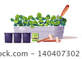Gardening Set with Seedlings in Planter Box, Small Pots and Trowel. Flat Vector Illustration Perfect for Agricultural Catalog, Gardening Guide or Plant Care Tutorial. 140407302