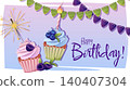 Happy Birthday banner with berry cupcakes, sparkler and bunting flags. Perfect for greeting cards and social media posts. 140407304