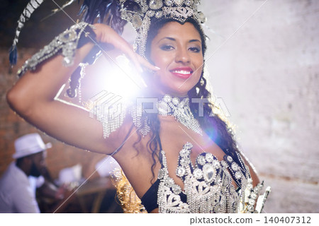 Culture, dance and portrait of woman at carnival with costume for celebration, music and happy performance in Brazil. Samba, party and girl at festival, parade or show in Rio de Janeiro with smile. Culture, dance and portrait of woman at carnival with costume for celebration, music and happy performance in Brazil. Samba, party and girl at festival, parade or show in Rio de Janeiro with smile. 140407312