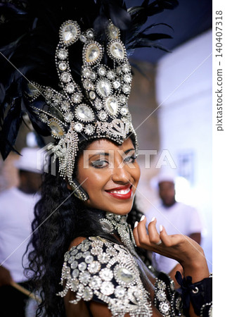 Carnival, dancer and portrait of woman in costume for festival, celebration and holiday party. Festive, samba and person in masquerade outfit for performance, culture and concert in Rio de Janeiro Carnival, dancer and portrait of woman in costume for festival, celebration and holiday party. Festive, samba and person in masquerade outfit for performance, culture and concert in Rio de Janeiro 140407318