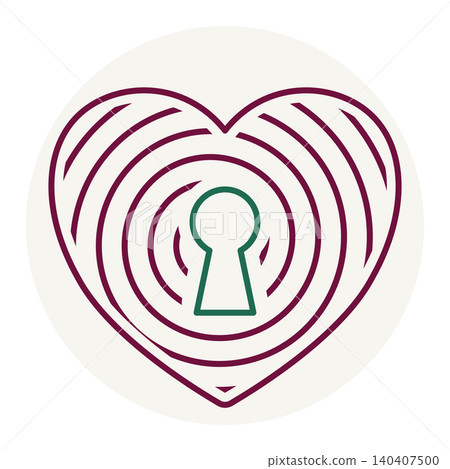 Minimalist flat vector of a magenta thumbprint spiral with a green keyhole inside a heart, on a beige circle. Minimalist flat vector of a magenta thumbprint spiral with a green keyhole inside a heart, on a beige circle. 140407500