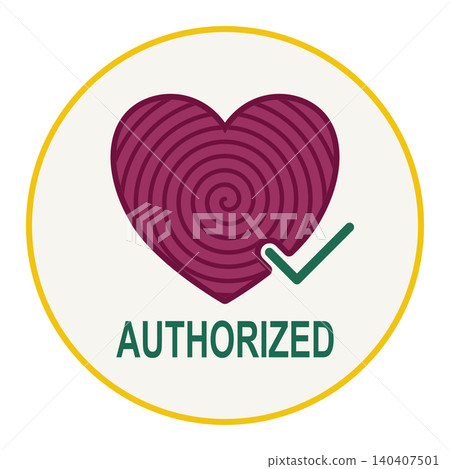 Minimalist flat vector of a magenta thumbprint heart with a green checkmark and authorized text, on a beige circle. Minimalist flat vector of a magenta thumbprint heart with a green checkmark and authorized text, on a beige circle. 140407501