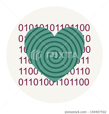 Minimalist flat vector of a magenta heart with green binary numbers 0 and 1 in a spiral, on a beige circle. Minimalist flat vector of a magenta heart with green binary numbers 0 and 1 in a spiral, on a beige circle. 140407502