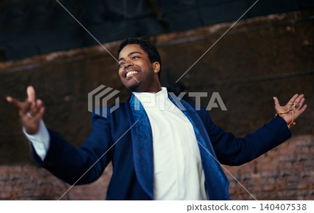 Man, smiling and entertainment for performance, event, celebration or musical at carnival or street show. African male person and joyful from Amsterdam with suit and shirt for concert or opera choir Man, smiling and entertainment for performance, event, celebration or musical at carnival or street show. African male person and joyful from Amsterdam with suit and shirt for concert or opera choir 140407538