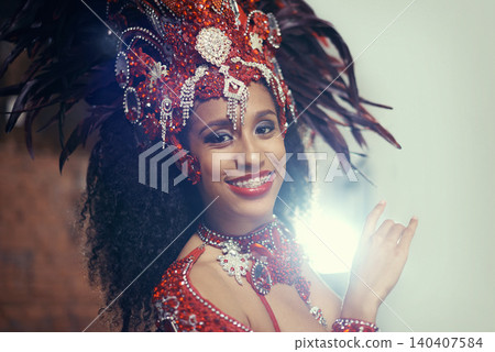 Event, carnival or happy woman in costume or portrait for celebration, music culture or samba in Brazil. Face, night or proud girl dancer with smile at festival, parade or fun show in Rio de Janeiro Event, carnival or happy woman in costume or portrait for celebration, music culture or samba in Brazil. Face, night or proud girl dancer with smile at festival, parade or fun show in Rio de Janeiro 140407584