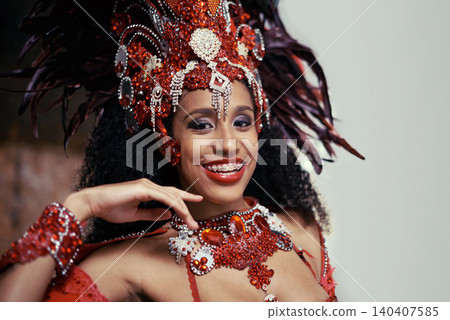 Samba, carnival or happy woman in costume or portrait for celebration, music culture or band in Brazil. Event, party or proud girl dancer with smile at festival, parade or fun show in Rio de Janeiro 140407585