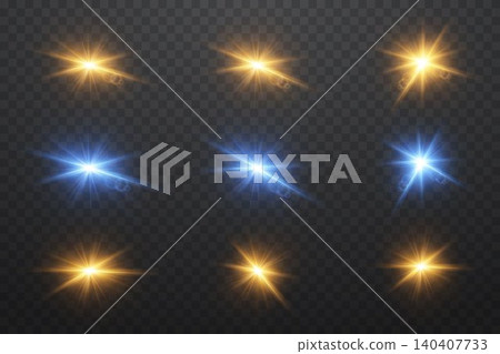 Collection of bright blue and golden starbursts and light effects simulating lens flares Collection of bright blue and golden starbursts and light effects simulating lens flares 140407733