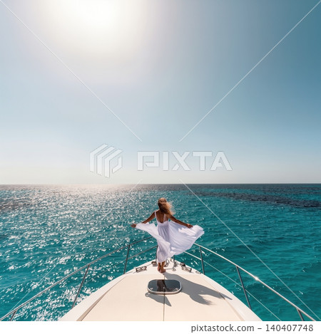 Young woman in white dress standing on yacht bow over turquoise sea Young woman in white dress standing on yacht bow over turquoise sea 140407748