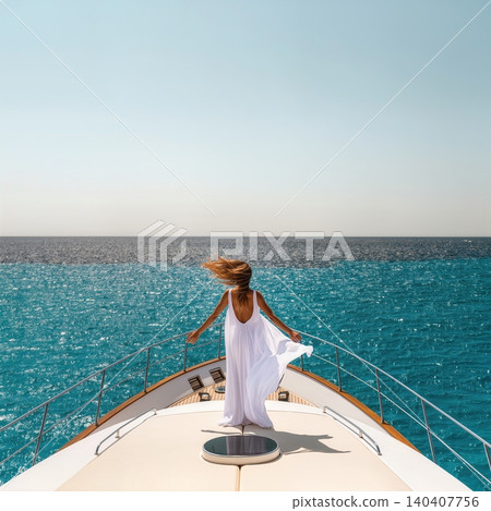 Young woman in white dress standing on yacht bow over turquoise sea Young woman in white dress standing on yacht bow over turquoise sea 140407756