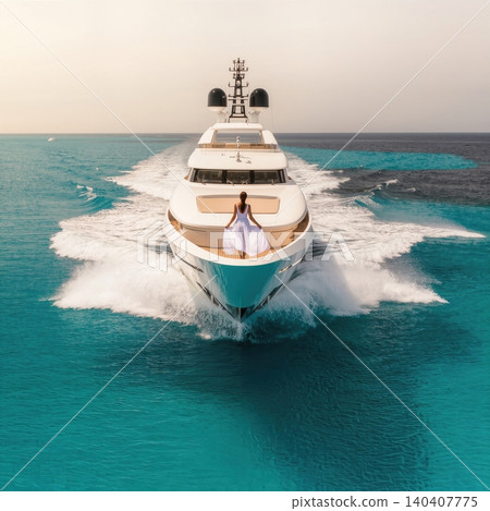 Young woman in white dress standing on yacht bow over turquoise sea Young woman in white dress standing on yacht bow over turquoise sea 140407775