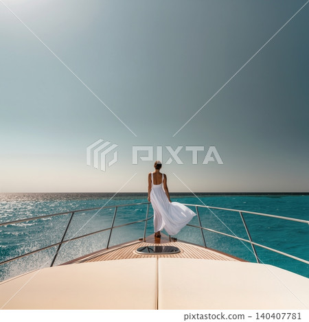 Young woman in white dress standing on yacht bow over turquoise sea 140407781