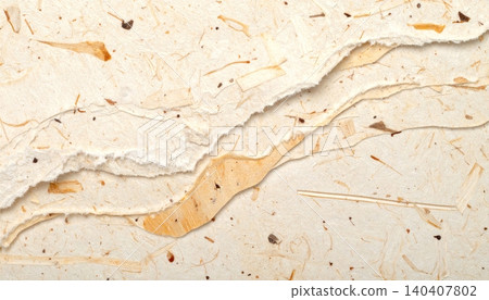 Close-up of handmade recycled paper texture with natural fiber inclusions 140407802