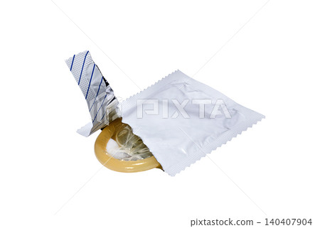 Opened package of condoms on a white background Opened package of condoms on a white background 140407904