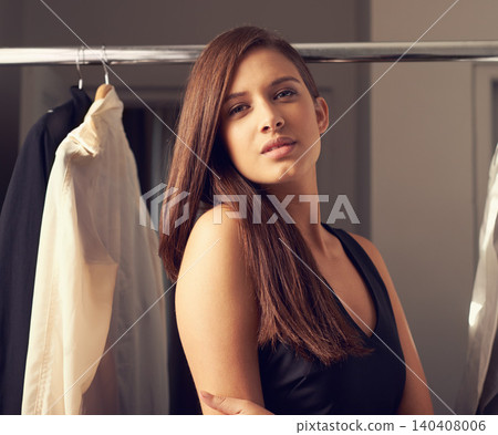 Portrait, home and fashion with woman, elegant and railing with outfit and wardrobe with confident girl. Face, apartment and lady with stunning clothes and stylish with glamour and proud with luxury Portrait, home and fashion with woman, elegant and railing with outfit and wardrobe with confident girl. Face, apartment and lady with stunning clothes and stylish with glamour and proud with luxury 140408006