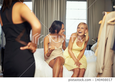 Friends, dress up or women with fashion, funny or happiness with ladies night or stylish clothes. Wardrobe, home or girls with humor, expression or stunning outfit with elegant, glamour or laughing 140408017