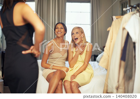 Friends, dress up or women with fashion, excited or happiness with ladies night or stylish clothes. Smile, home or girls with beauty or stunning outfit with expression, glamour or bonding together Friends, dress up or women with fashion, excited or happiness with ladies night or stylish clothes. Smile, home or girls with beauty or stunning outfit with expression, glamour or bonding together 140408020