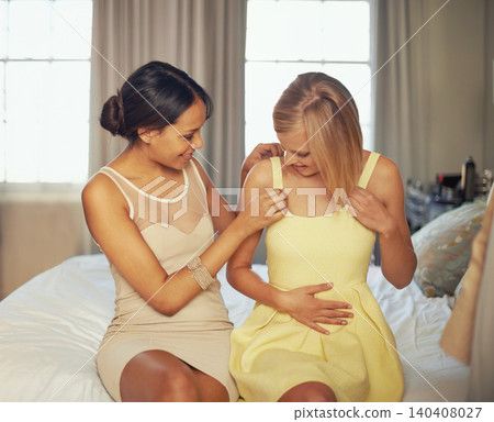 Bedroom, friends and women with dress up, help and happiness with girls trip and vacation. Fashion, people and energy with stylish clothes and beauty with conversation and support with fun and luxury Bedroom, friends and women with dress up, help and happiness with girls trip and vacation. Fashion, people and energy with stylish clothes and beauty with conversation and support with fun and luxury 140408027